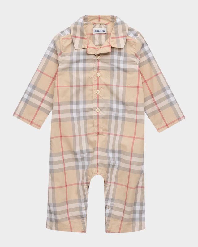 Kid's Andreas Long-Sleeve Cotton Check Coveralls, Size Newborn-18M
